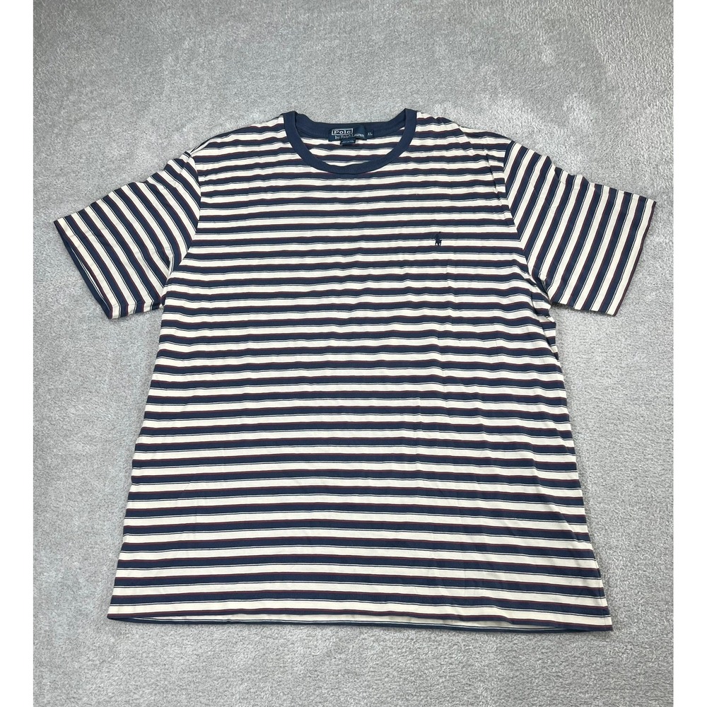 Polo Ralph Lauren Mens XL Striped T-Shirt Navy Blue Cream Red Cotton Crew Neck